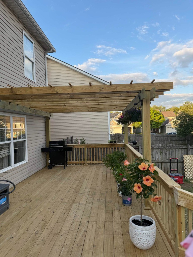New custom wood deck with attached pergola and railing built by Big Blue Fence & Deck in Lexington KY